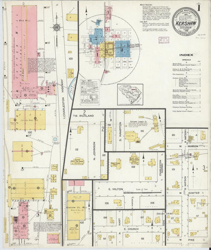 Sanborn Fire Insurance Map from Kershaw, Kershaw And Lancaster Counties, South Carolina (1916), Sheet #0001 - Complete Map Set gallery image, historic Sanborn map, vintage wall art, South Carolina South Carolina