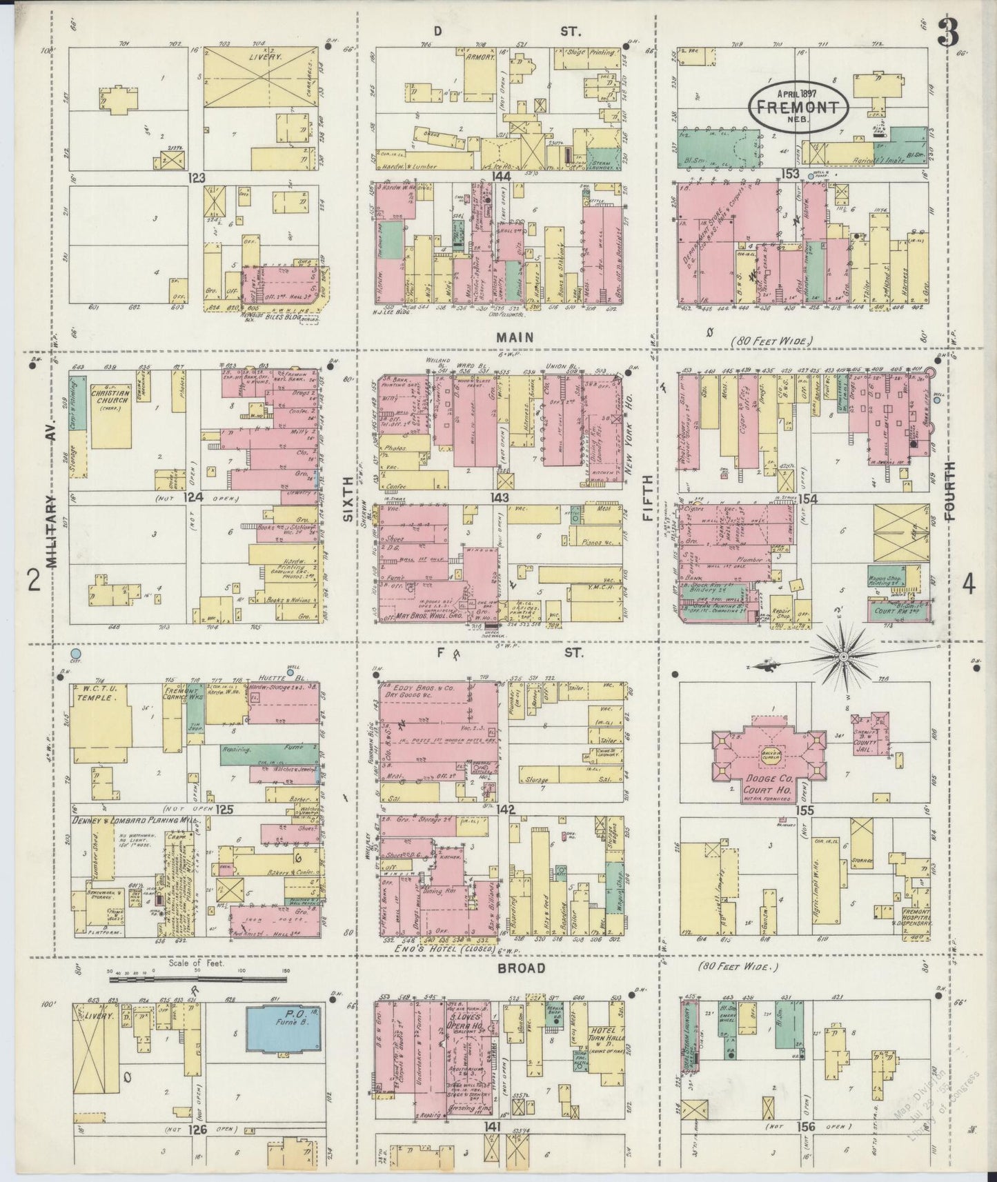 Sanborn Fire Insurance Map from Fremont, Dodge County, Nebraska (1897), Sheet #0003 - Historic Sanborn Fire Insurance Map Print, vintage old map wall art, antique decor, genealogy gift, Nebraska Nebraska map