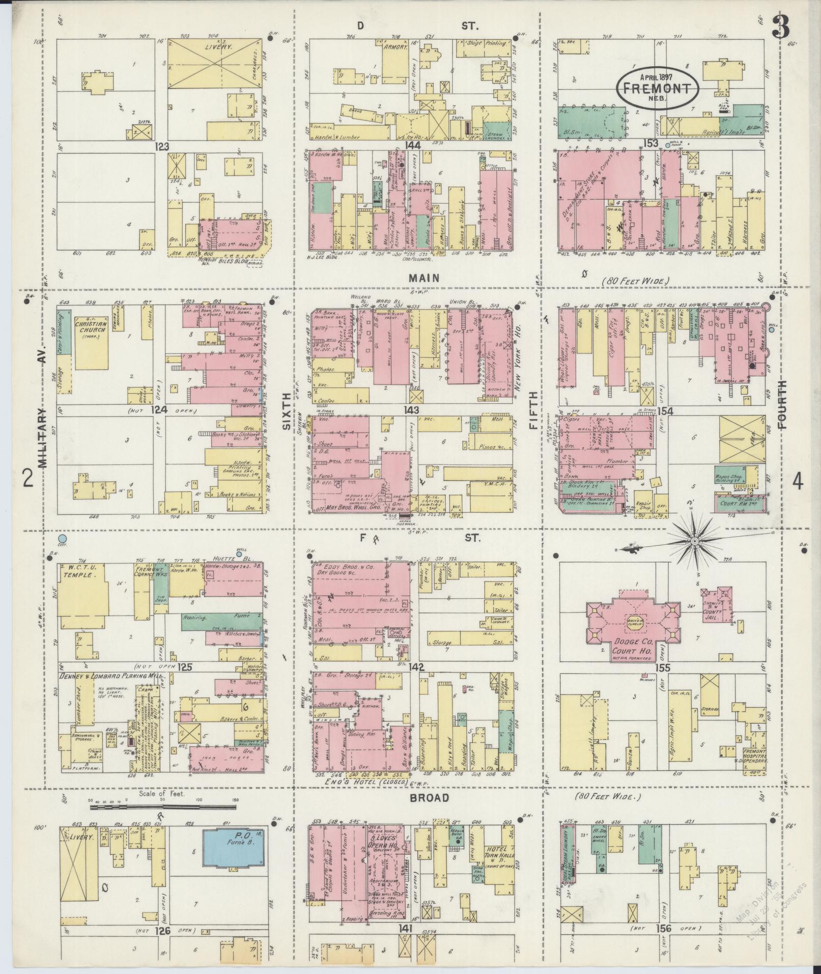 Sanborn Fire Insurance Map from Fremont, Dodge County, Nebraska (1897), Sheet #0003 - Historic Sanborn Fire Insurance Map Print, vintage old map wall art, antique decor, genealogy gift, Nebraska Nebraska map