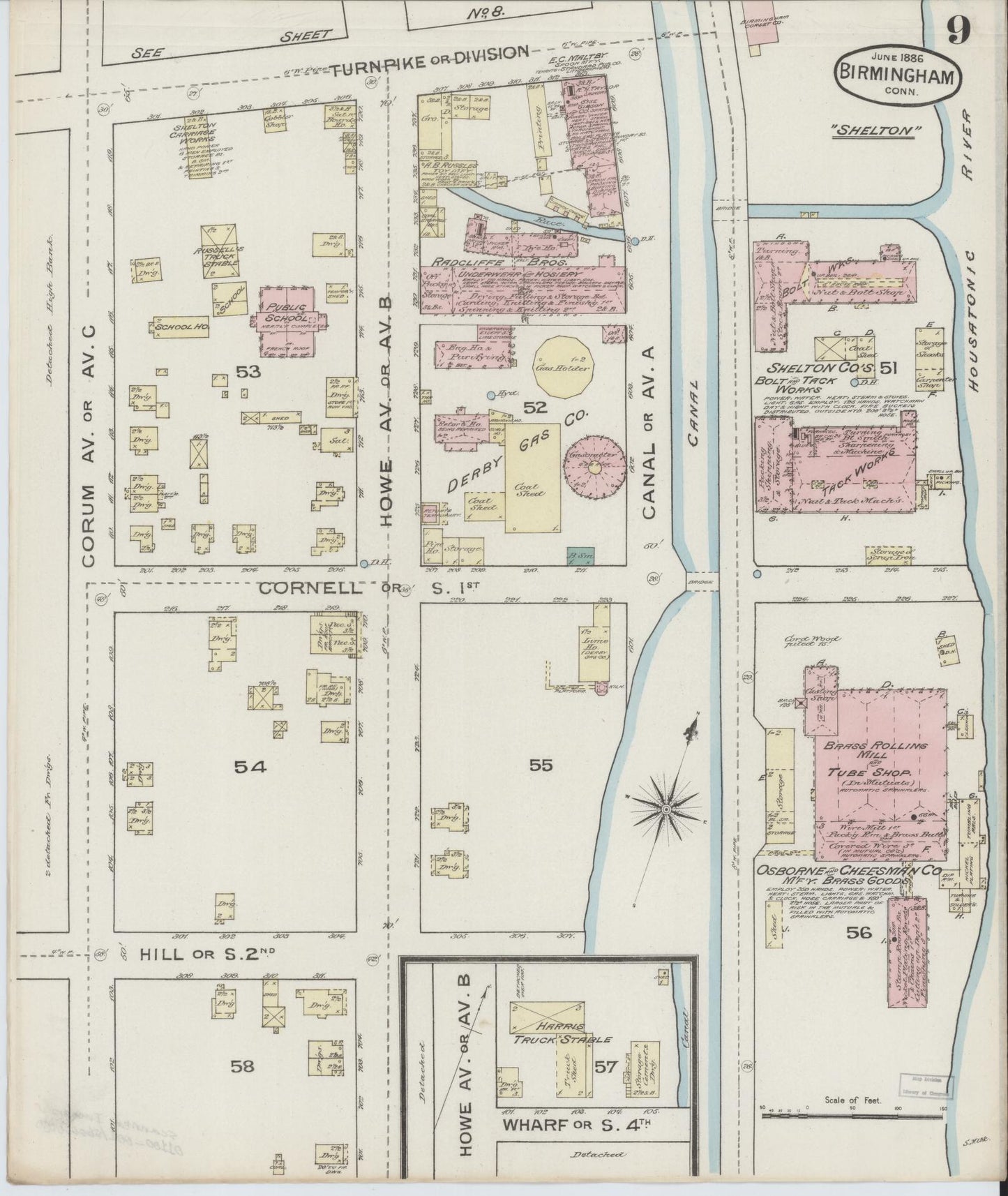 Sanborn Fire Insurance Map from Birmingham, New Haven County, Connecticut (1886), Sheet #0009 - Historic Sanborn Fire Insurance Map Print, vintage old map wall art, antique decor, genealogy gift, Connecticut Connecticut map