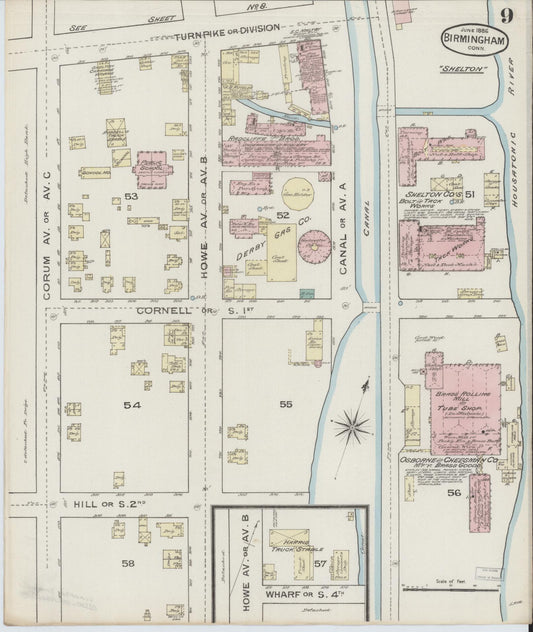 Sanborn Fire Insurance Map from Birmingham, New Haven County, Connecticut (1886), Sheet #0009 - Historic Sanborn Fire Insurance Map Print, vintage old map wall art, antique decor, genealogy gift, Connecticut Connecticut map