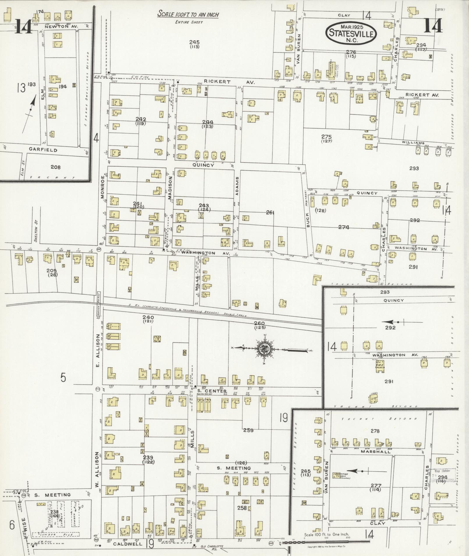 Sanborn Fire Insurance Map from Statesville, Iredell County, North Carolina (1925), Sheet #0014 - Complete Map Set gallery image, historic Sanborn map, vintage wall art, North Carolina North Carolina