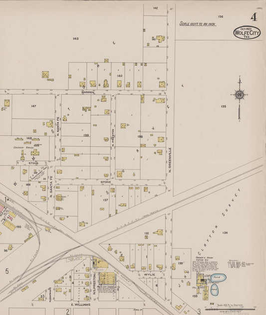 Sanborn Fire Insurance Map from Wolfe City, Hunt County, Texas (1922), Sheet #0004 - Historic Sanborn Fire Insurance Map Print, vintage old map wall art, antique decor, genealogy gift, Texas Texas map