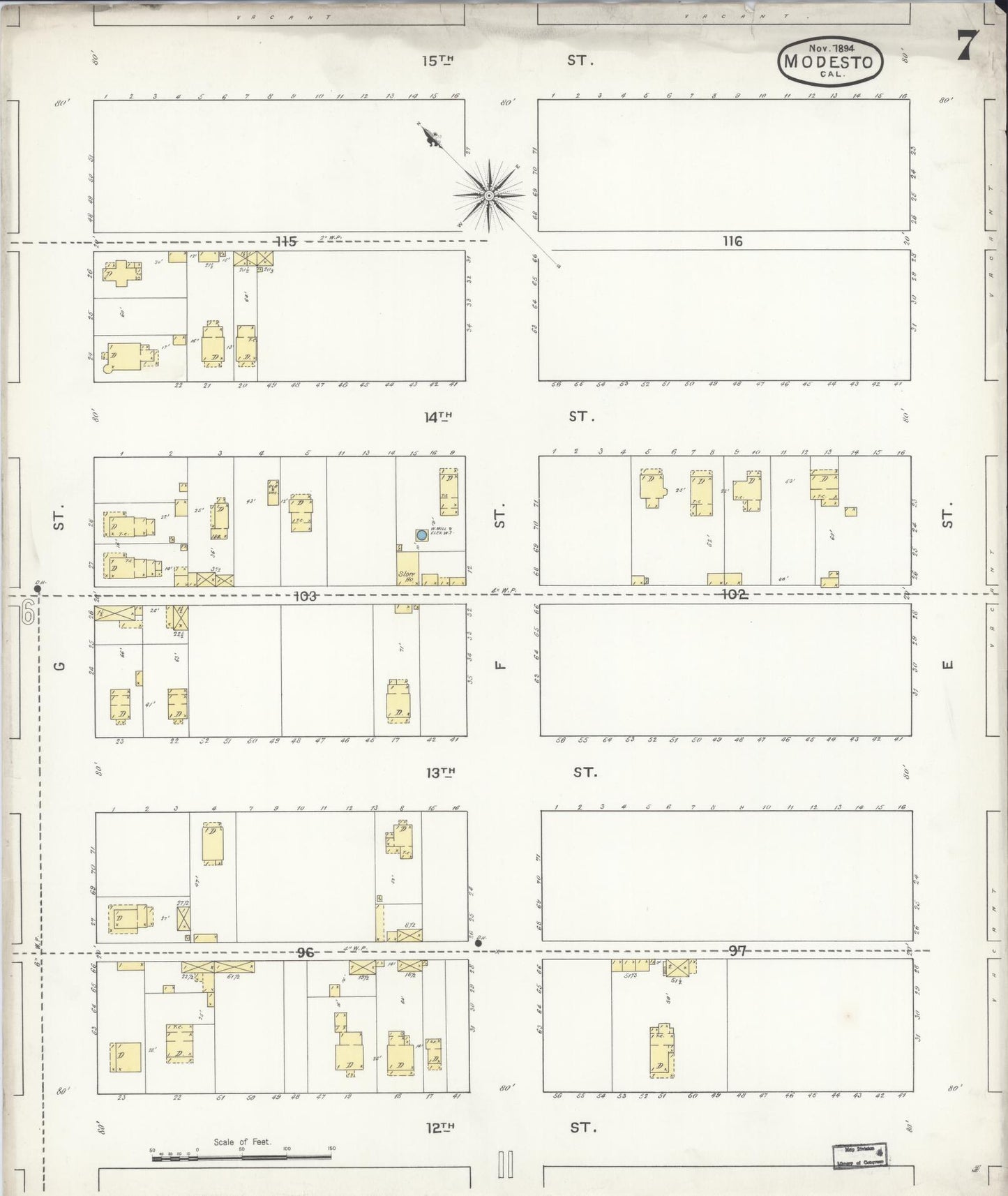 Sanborn Fire Insurance Map from Modesto, Stanislaus County, California (1894), Sheet #0007 - Complete Map Set gallery image, historic Sanborn map, vintage wall art, California California