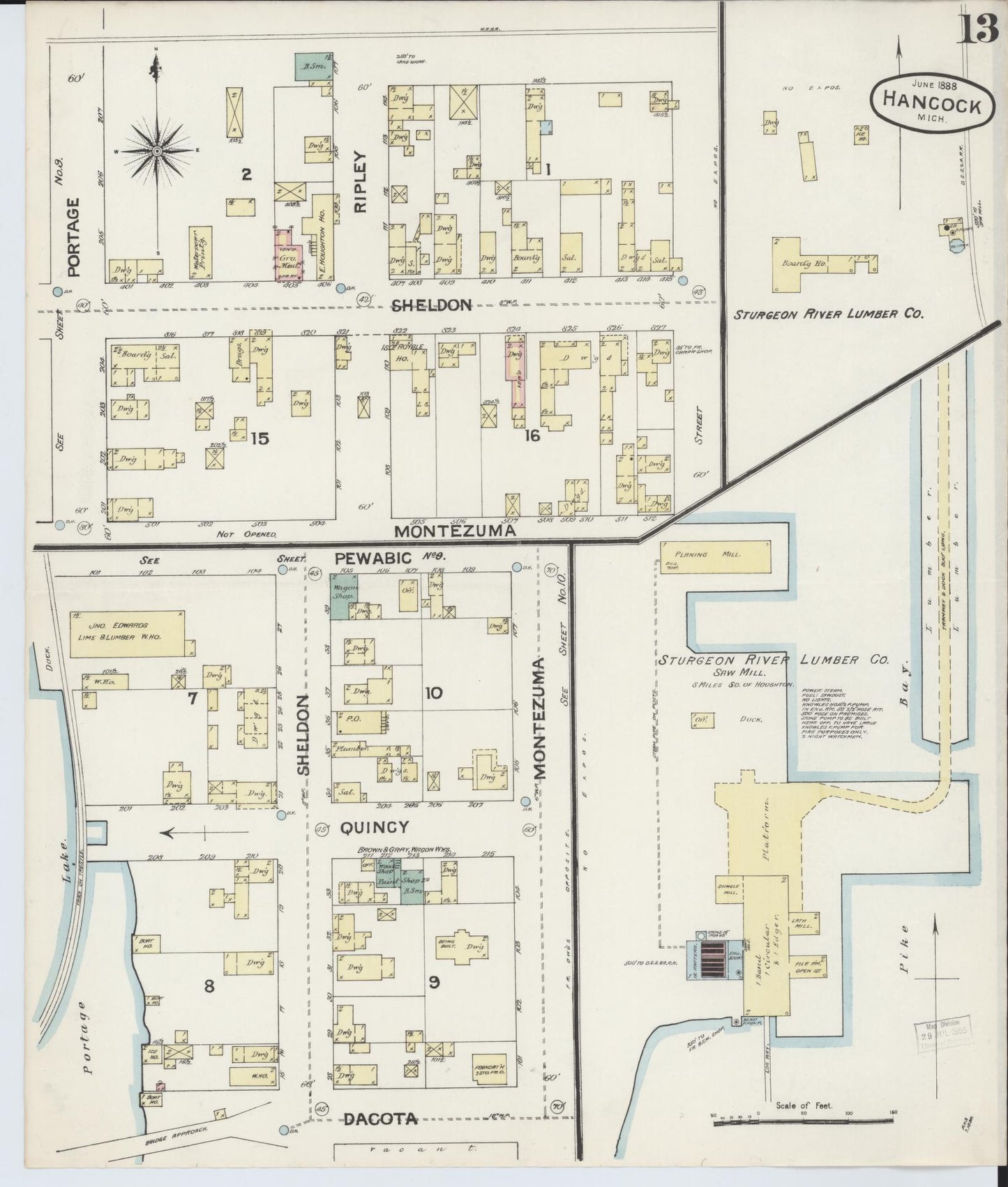Sanborn Fire Insurance Map from Houghton, Houghton County, Michigan (1888), Sheet #0013 - Complete Map Set gallery image, historic Sanborn map, vintage wall art, Michigan Michigan