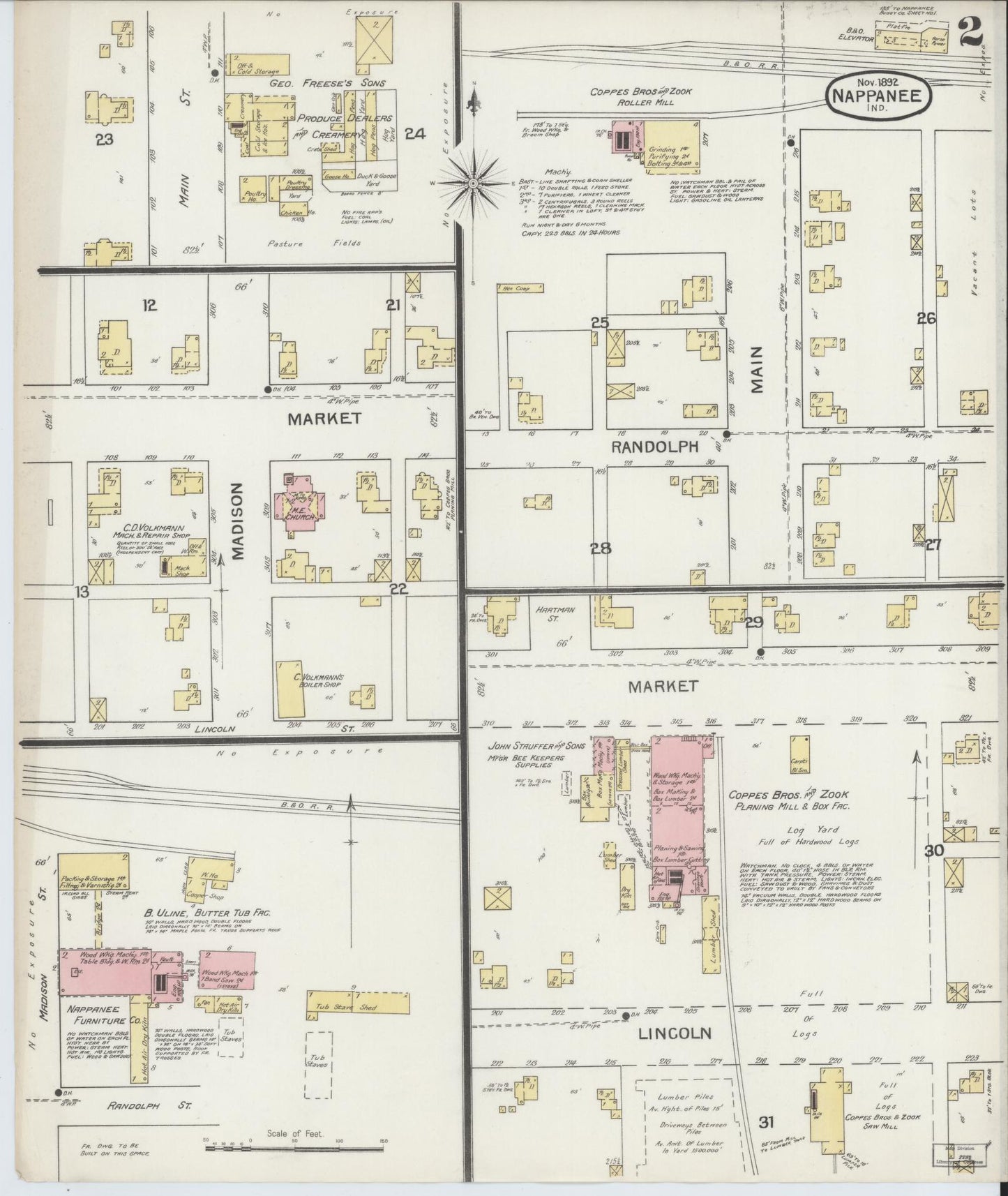 Sanborn Fire Insurance Map from Nappanee, Elkhart County, Indiana (1892), Sheet #0002 - Historic Sanborn Fire Insurance Map Print, vintage old map wall art, antique decor, genealogy gift, Indiana Indiana map