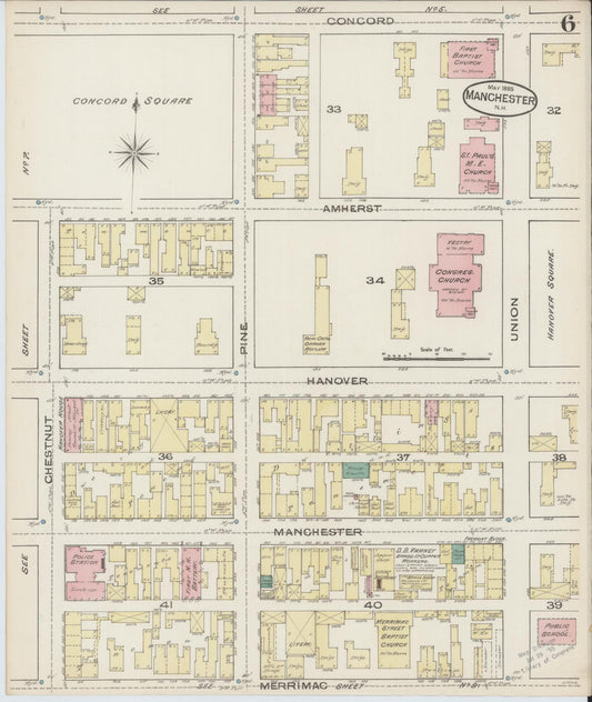 Sanborn Fire Insurance Map from Manchester, Hillsborough County, New Hampshire (1885), Sheet #0006 - Historic Sanborn Fire Insurance Map Print, vintage old map wall art, antique decor, genealogy gift, New Hampshire New Hampshire map