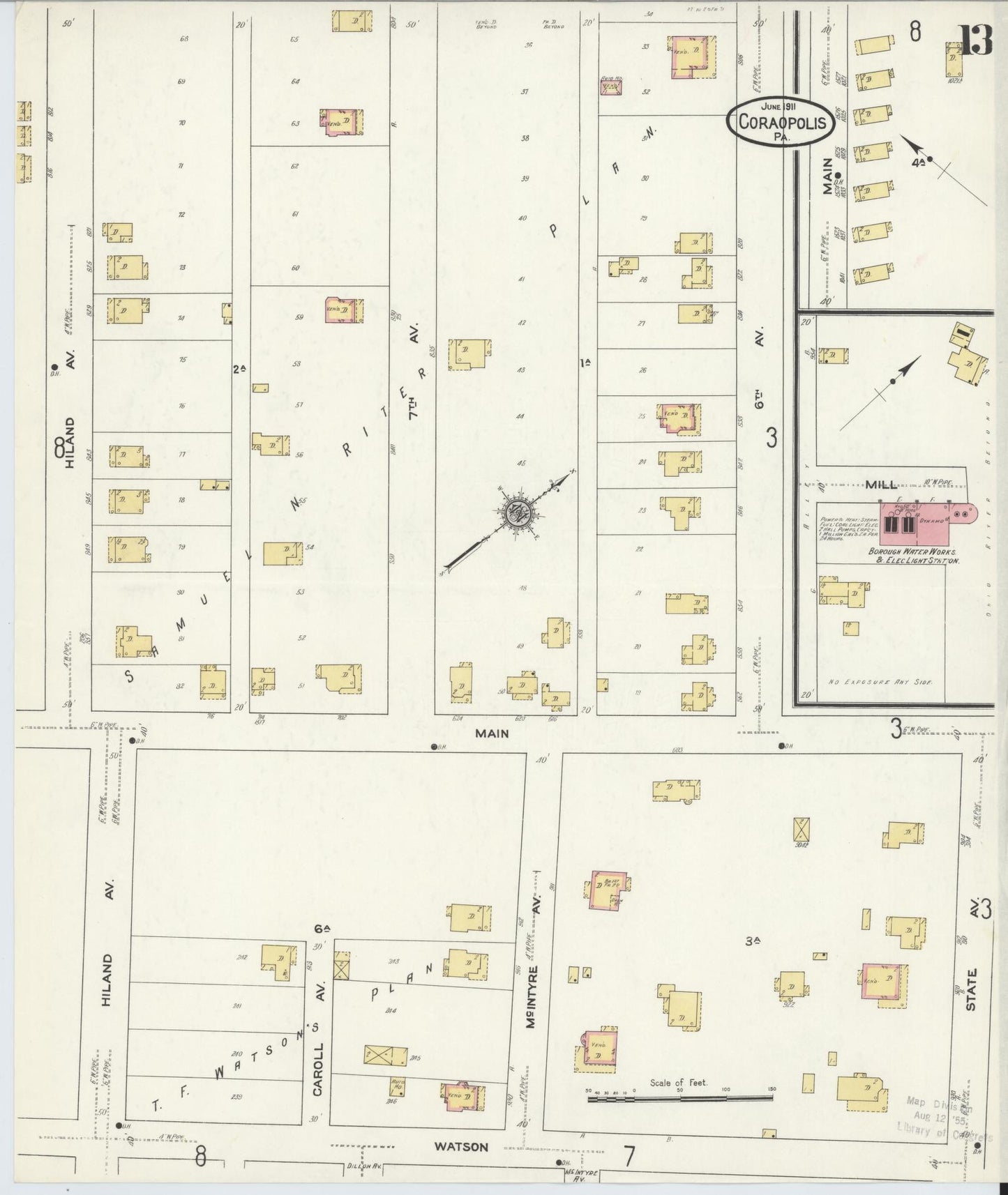 Sanborn Fire Insurance Map from Coraopolis, Allegheny County, Pennsylvania (1911), Sheet #0013 - Historic Sanborn Fire Insurance Map Print, vintage old map wall art, antique decor, genealogy gift, Pennsylvania Pennsylvania map