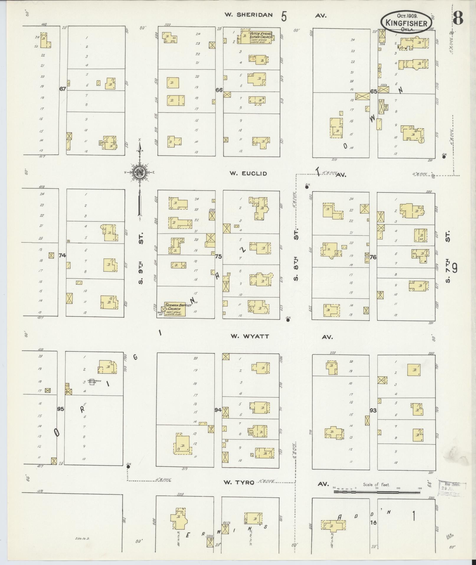 Sanborn Fire Insurance Map from Kingfisher, Kingfisher County, Oklahoma (1909), Sheet #0008 - Historic Sanborn Fire Insurance Map Print, vintage old map wall art, antique decor, genealogy gift, Oklahoma Oklahoma map