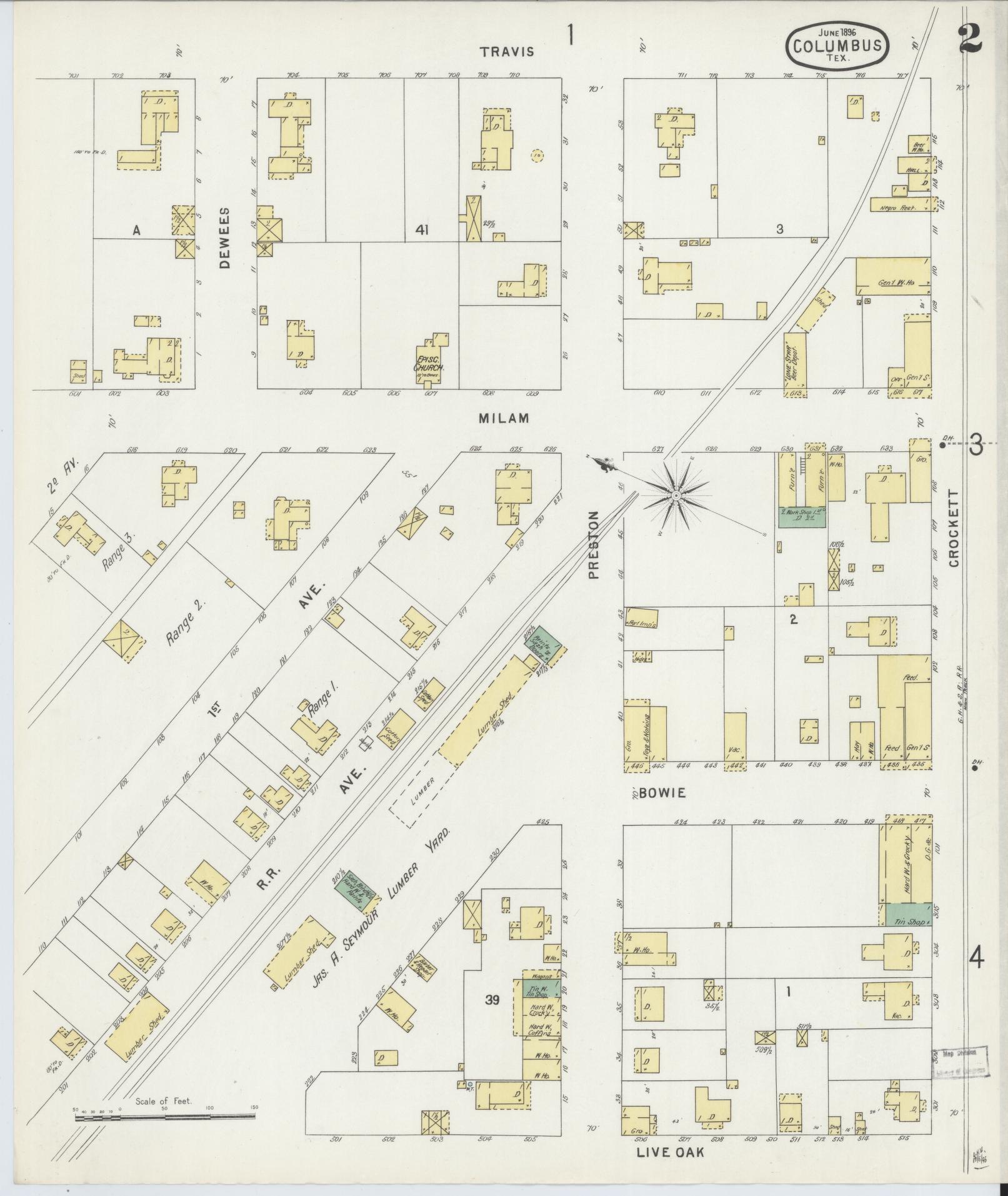Sanborn Fire Insurance Map from Columbus, Colorado County, Texas (1896), Sheet #0002 - Complete Map Set gallery image, historic Sanborn map, vintage wall art, Columbus Colorado