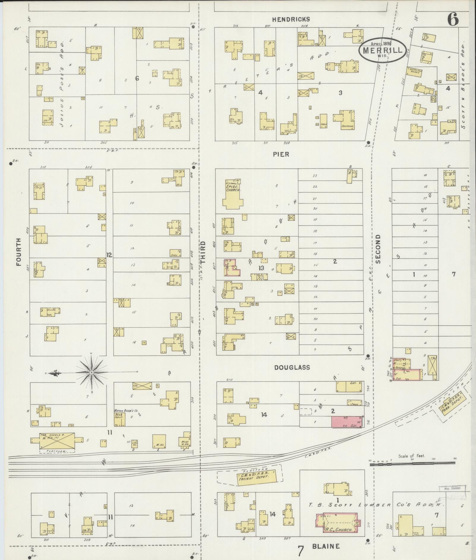 Sanborn Fire Insurance Map from Merrill, Lincoln County, Wisconsin (1898), Sheet #0006 - Complete Map Set gallery image, historic Sanborn map, vintage wall art, Wisconsin Wisconsin