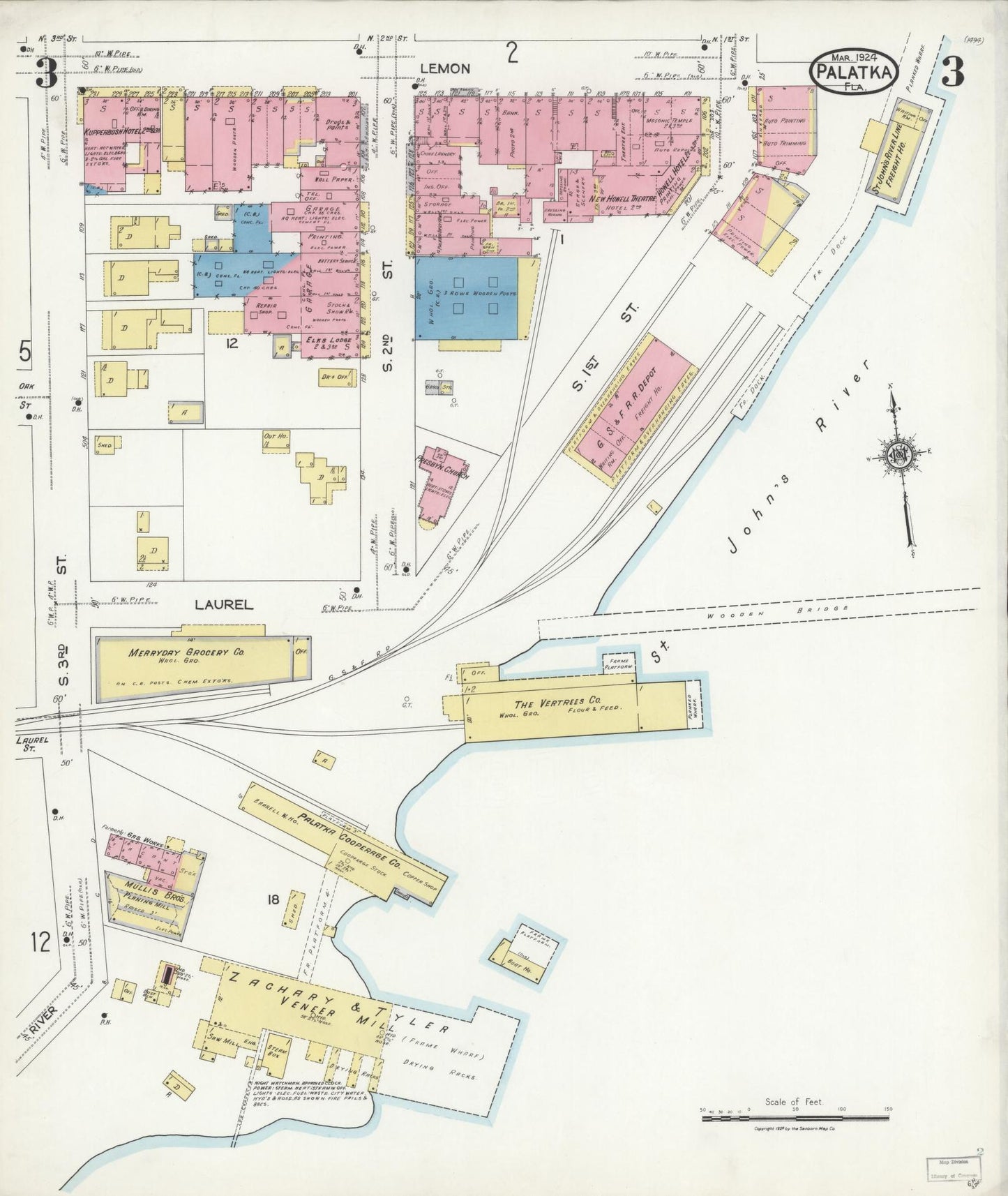 Sanborn Fire Insurance Map from Palatka, Putnam County, Florida (1924), Sheet #0003 - Complete Map Set gallery image, historic Sanborn map, vintage wall art, Florida Florida