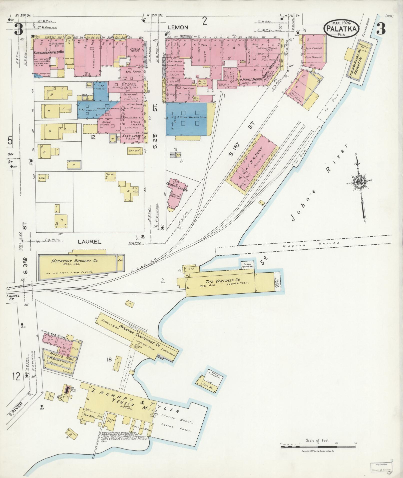 Sanborn Fire Insurance Map from Palatka, Putnam County, Florida (1924), Sheet #0003 - Complete Map Set gallery image, historic Sanborn map, vintage wall art, Florida Florida
