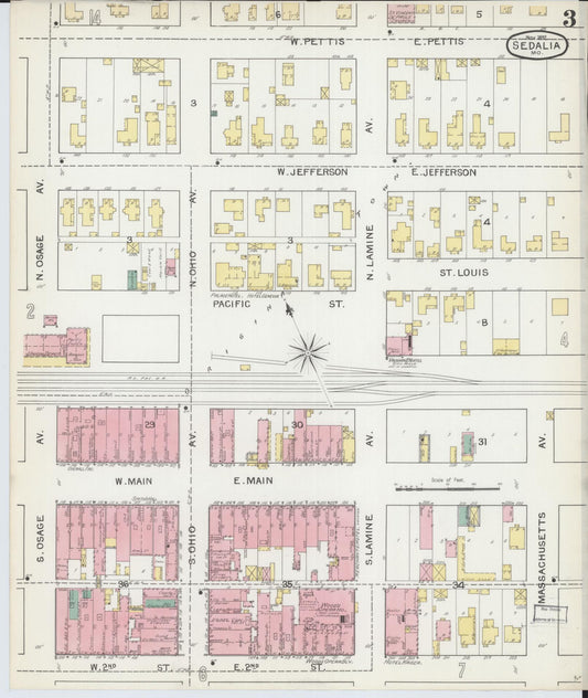 Sanborn Fire Insurance Map from Sedalia, Pettis County, Missouri (1892), Sheet #0003 - Historic Sanborn Fire Insurance Map Print, vintage old map wall art, antique decor, genealogy gift, Missouri Missouri map