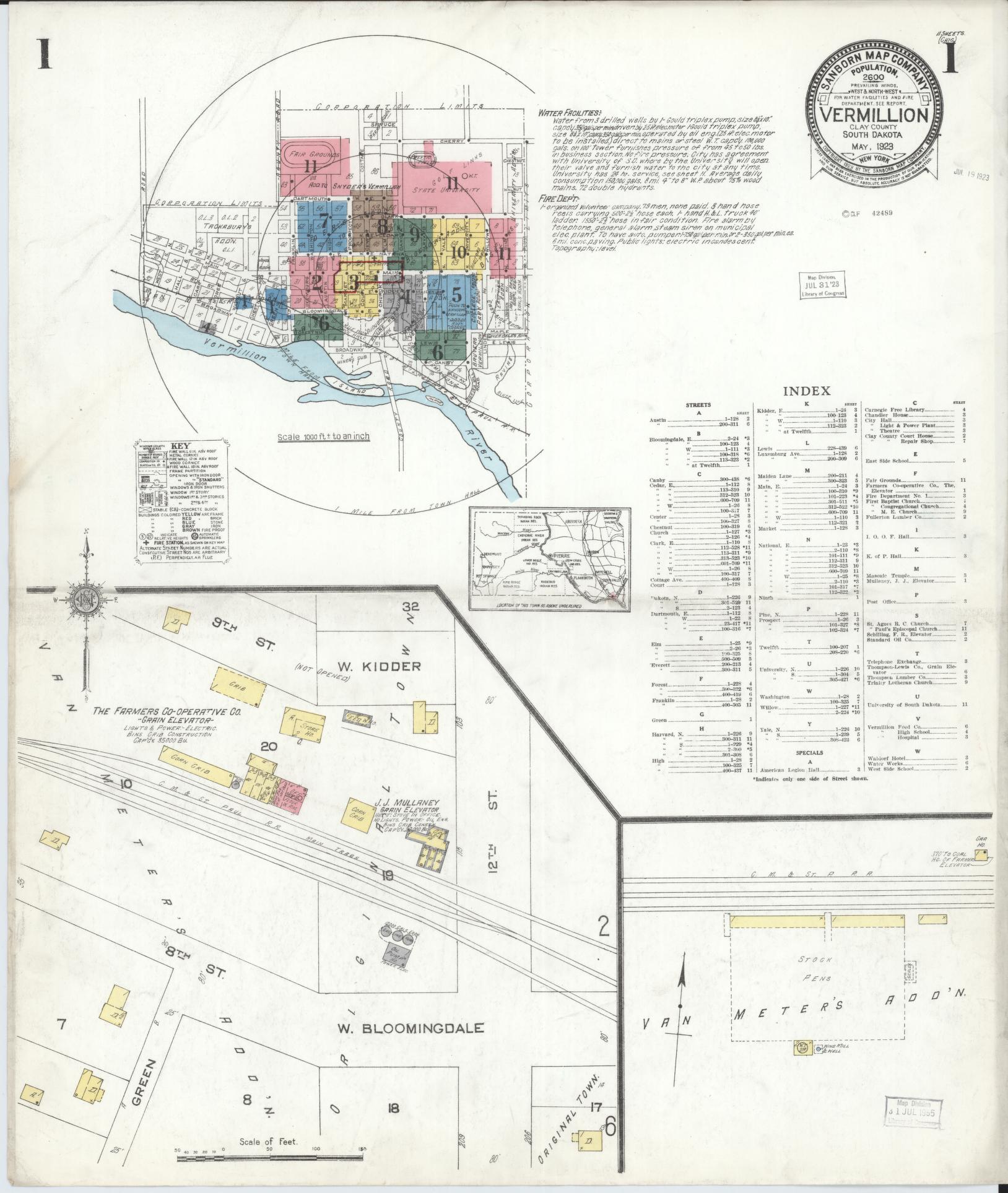 Sanborn Fire Insurance Map from Vermillion, Clay County, South Dakota (1923), Sheet #0001 - Historic Sanborn Fire Insurance Map Print, vintage old map wall art, antique decor, genealogy gift, South Dakota South Dakota map