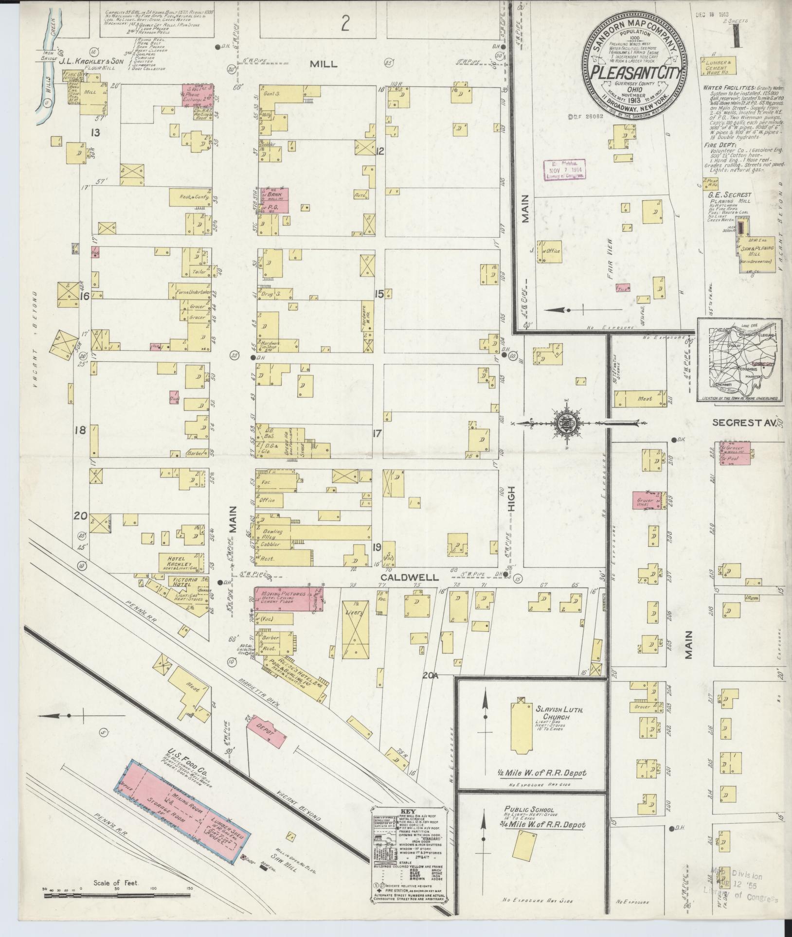 Sanborn Fire Insurance Map from Pleasant City, Guernsey County, Ohio (1913), Sheet #0001 - Complete Map Set gallery image, historic Sanborn map, vintage wall art, Ohio Ohio