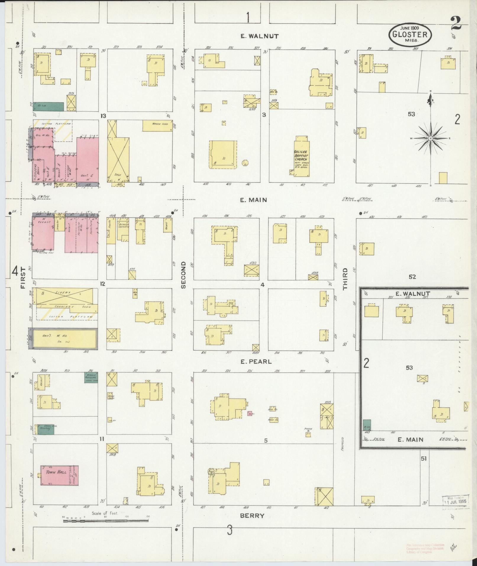 Sanborn Fire Insurance Map from Gloster, Amite County, Mississippi (1909), Sheet #0002 - Historic Sanborn Fire Insurance Map Print, vintage old map wall art, antique decor, genealogy gift, Mississippi Mississippi map