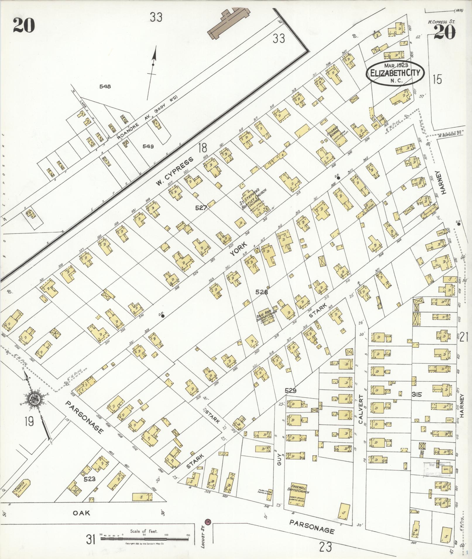 Sanborn Fire Insurance Map from Elizabeth City, Pasquotank County, North Carolina (1923), Sheet #0020 - Historic Sanborn Fire Insurance Map Print, vintage old map wall art, antique decor, genealogy gift, North Carolina North Carolina map