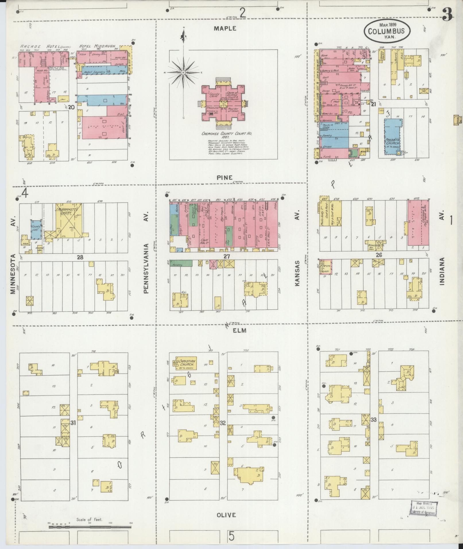 Sanborn Fire Insurance Map from Columbus, Cherokee County, Kansas (1899), Sheet #0003 - Historic Sanborn Fire Insurance Map Print, vintage old map wall art, antique decor, genealogy gift, Kansas Kansas map
