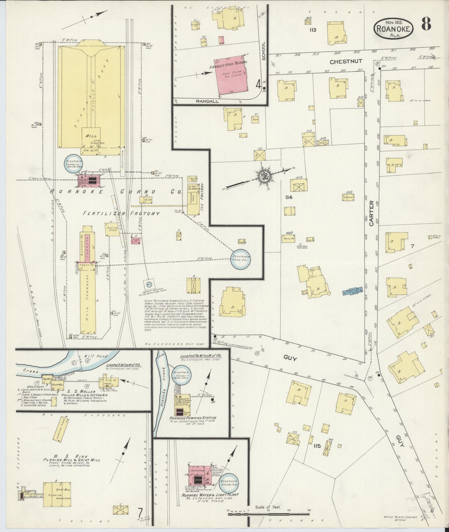 Sanborn Fire Insurance Map from Roanoke, Randolph County, Alabama (1913), Sheet #0008 - Historic Sanborn Fire Insurance Map Print, vintage old map wall art, antique decor, genealogy gift, Alabama Alabama map