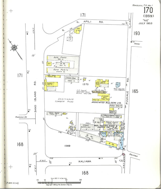 Sanborn Fire Insurance Map from Honolulu, Oahu County, Hawaii (1955), Sheet #0170 - Historic Sanborn Fire Insurance Map Print, vintage old map wall art