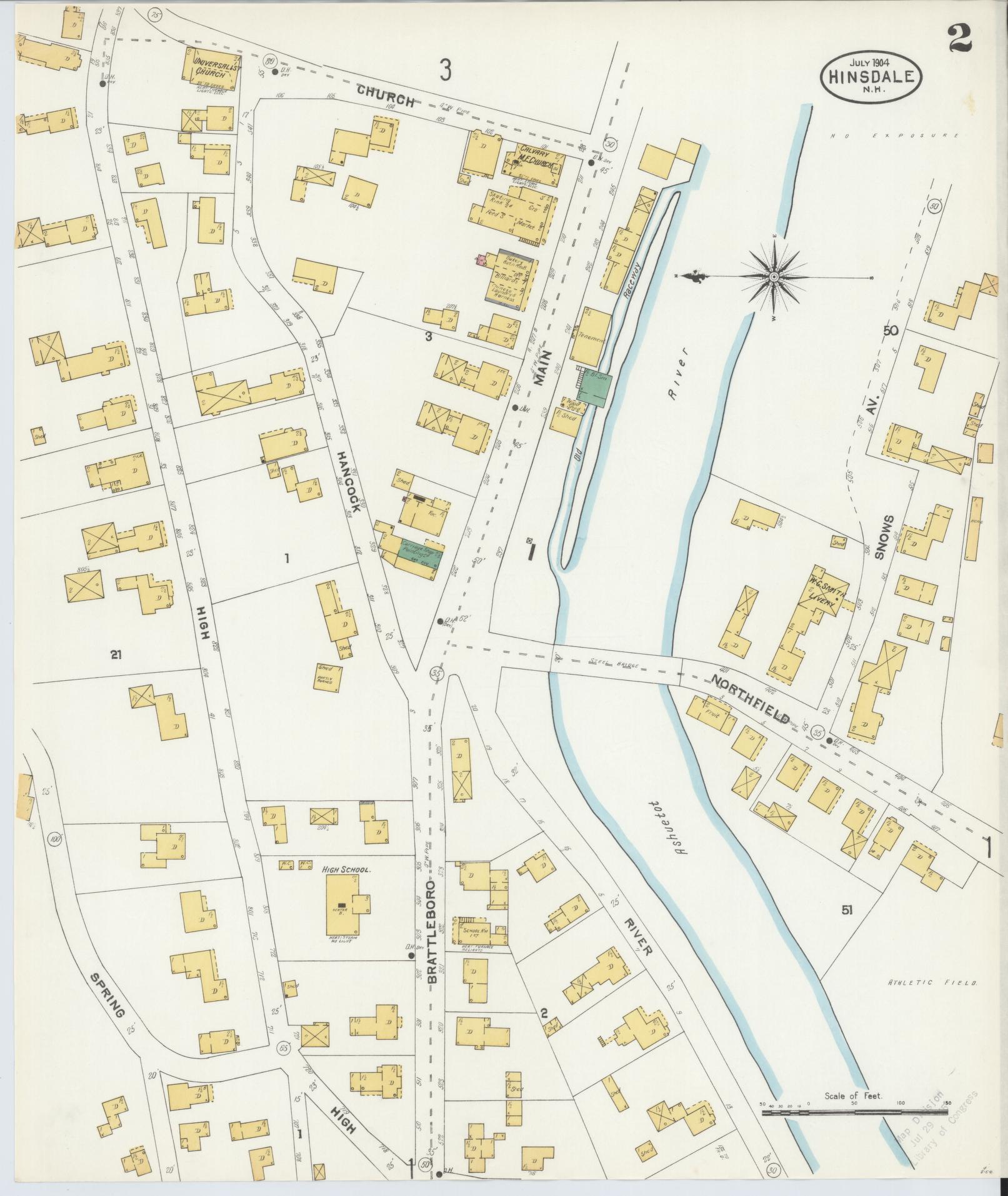 Sanborn Fire Insurance Map from Hinsdale, Cheshire County, New Hampshire (1904), Sheet #0002 - Complete Map Set gallery image, historic Sanborn map, vintage wall art, New Hampshire New Hampshire