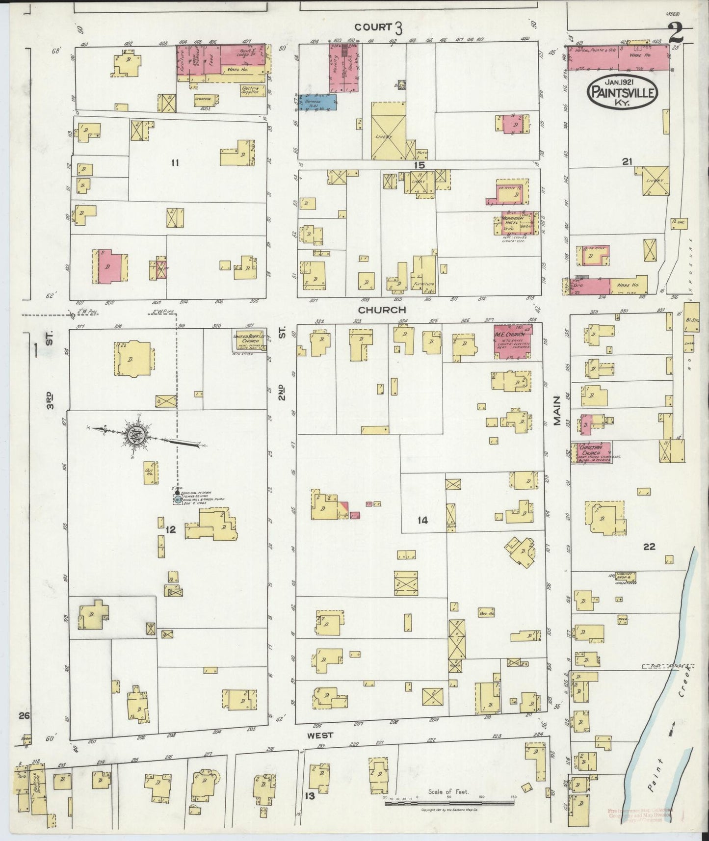 Sanborn Fire Insurance Map from Paintsville, Johnson County, Kentucky (1921), Sheet #0002 - Historic Sanborn Fire Insurance Map Print, vintage old map wall art, antique decor, genealogy gift, Kentucky Kentucky map