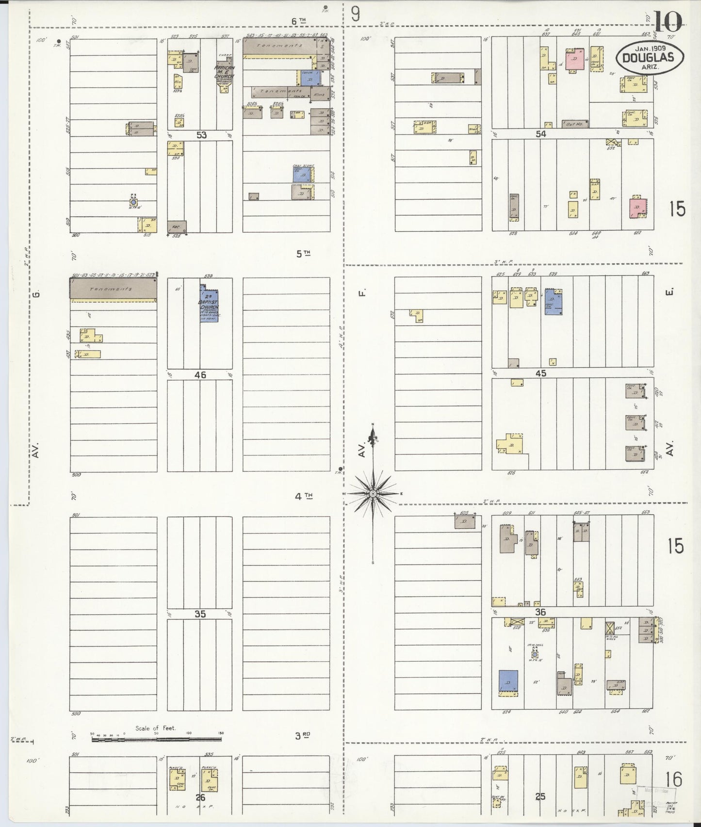 Sanborn Fire Insurance Map from Douglas, Cochise County, Arizona (1909), Sheet #0010 - Complete Map Set gallery image, historic Sanborn map, vintage wall art, Arizona Arizona