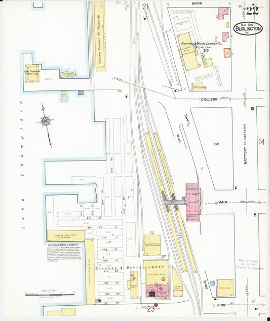 Sanborn Fire Insurance Map from Burlington, Chittenden County, Vermont (1919), Sheet #0022 - Historic Sanborn Fire Insurance Map Print, vintage old map wall art, antique decor, genealogy gift, Vermont Vermont map