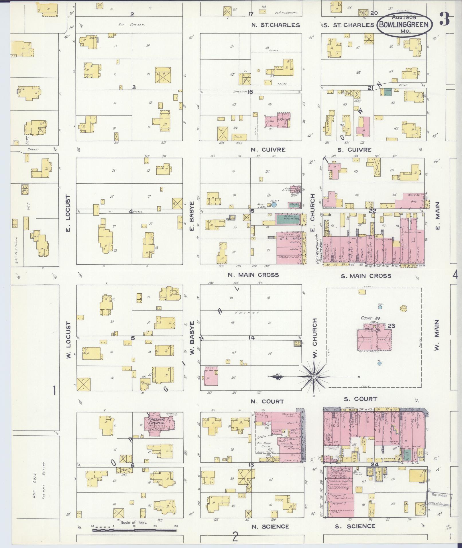 Sanborn Fire Insurance Map from Bowling Green, Pike County, Missouri (1909), Sheet #0003 - Complete Map Set gallery image, historic Sanborn map, vintage wall art, Missouri Missouri