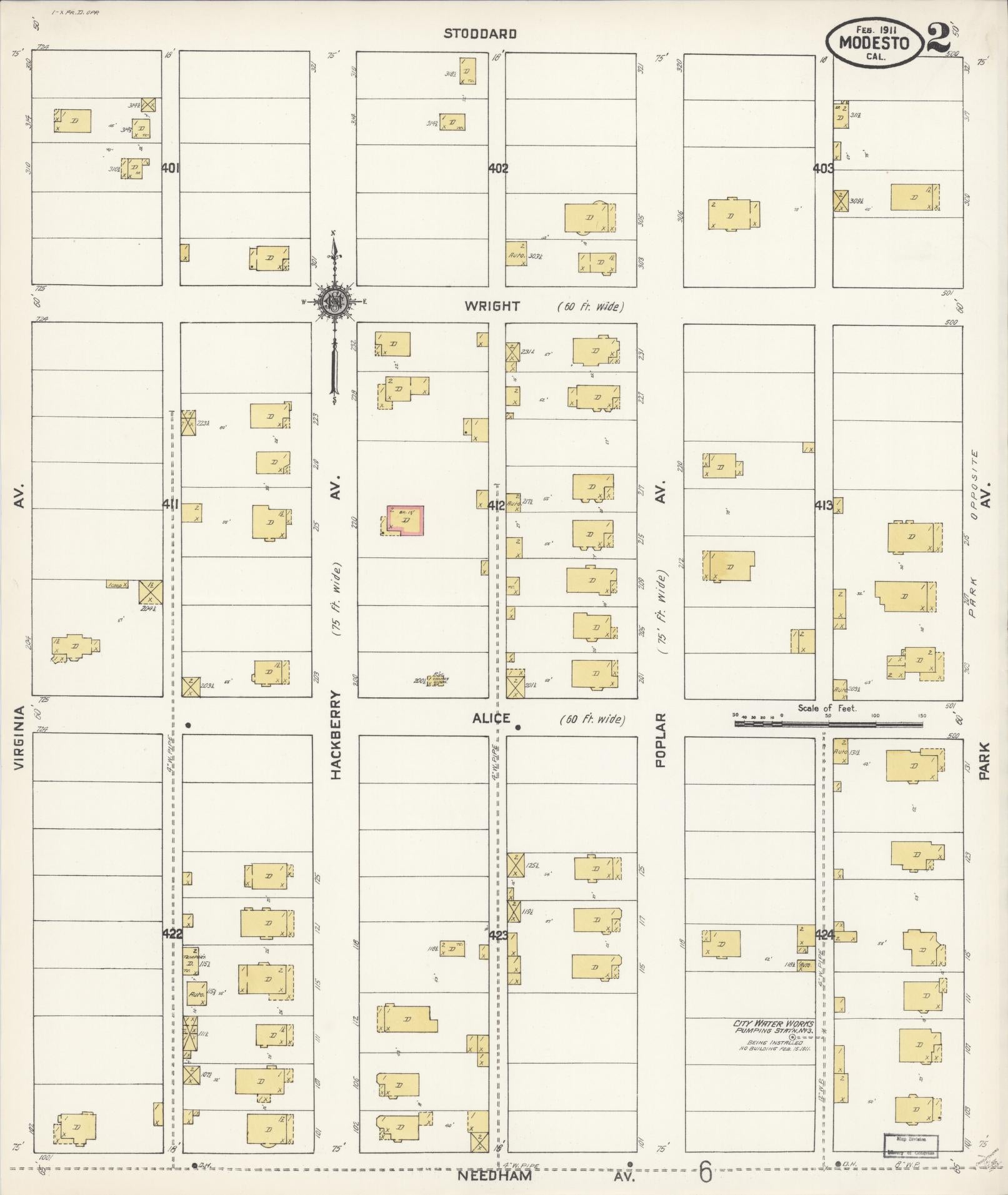 Sanborn Fire Insurance Map from Modesto, Stanislaus County, California (1911), Sheet #0002 - Complete Map Set gallery image, historic Sanborn map, vintage wall art, California California