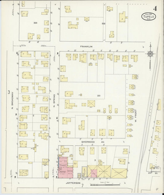 Sanborn Fire Insurance Map from Tupelo, Lee County, Mississippi (1914), Sheet #0004 - Historic Sanborn Fire Insurance Map Print, vintage old map wall art, antique decor, genealogy gift, Mississippi Mississippi map