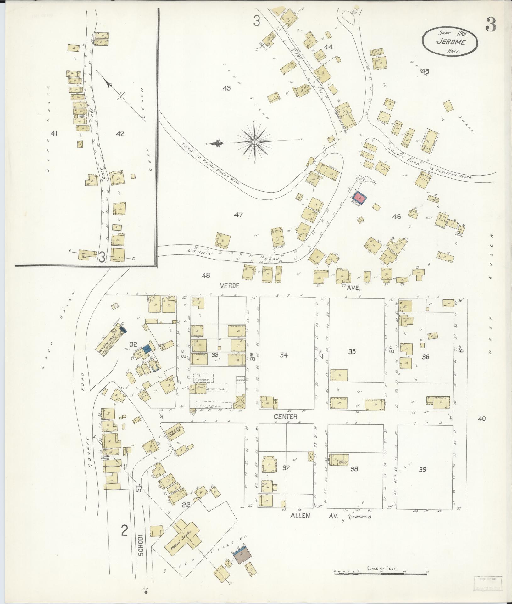 Sanborn Fire Insurance Map from Jerome, Yavapai County, Arizona (1901), Sheet #0003 - Complete Map Set gallery image, historic Sanborn map, vintage wall art, Arizona Arizona