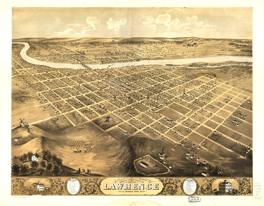 Bird's eye view of the city of Lawrence, Kansas 1869. (1869) – Historic Bird’s-Eye View Panorama Print