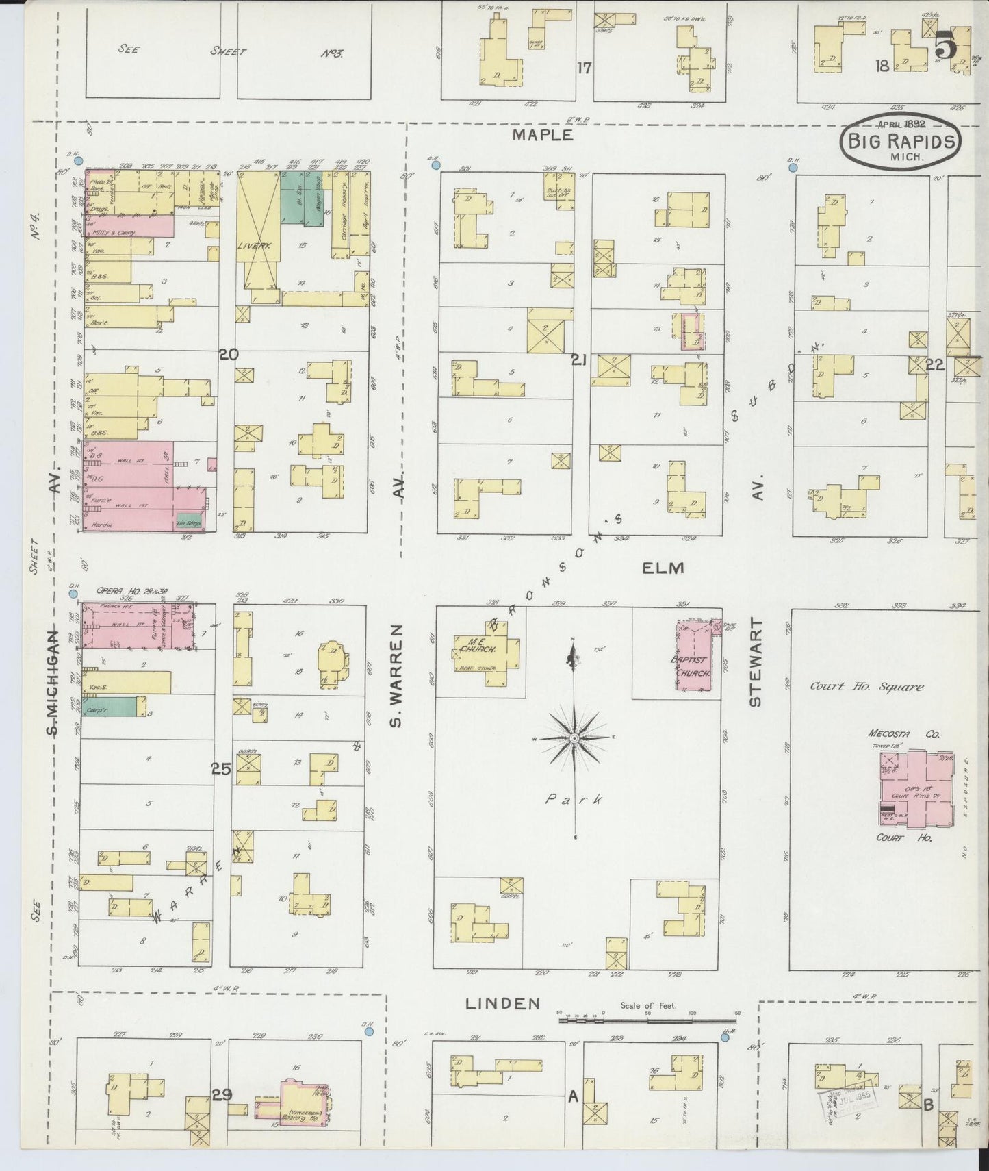 Sanborn Fire Insurance Map from Big Rapids, Mecosta County, Michigan (1892), Sheet #0005 - Historic Sanborn Fire Insurance Map Print, vintage old map wall art, antique decor, genealogy gift, Michigan Michigan map