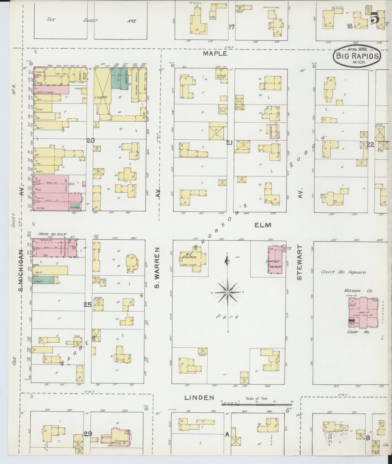 Sanborn Fire Insurance Map from Big Rapids, Mecosta County, Michigan (1892), Sheet #0005 - Historic Sanborn Fire Insurance Map Print, vintage old map wall art, antique decor, genealogy gift, Michigan Michigan map