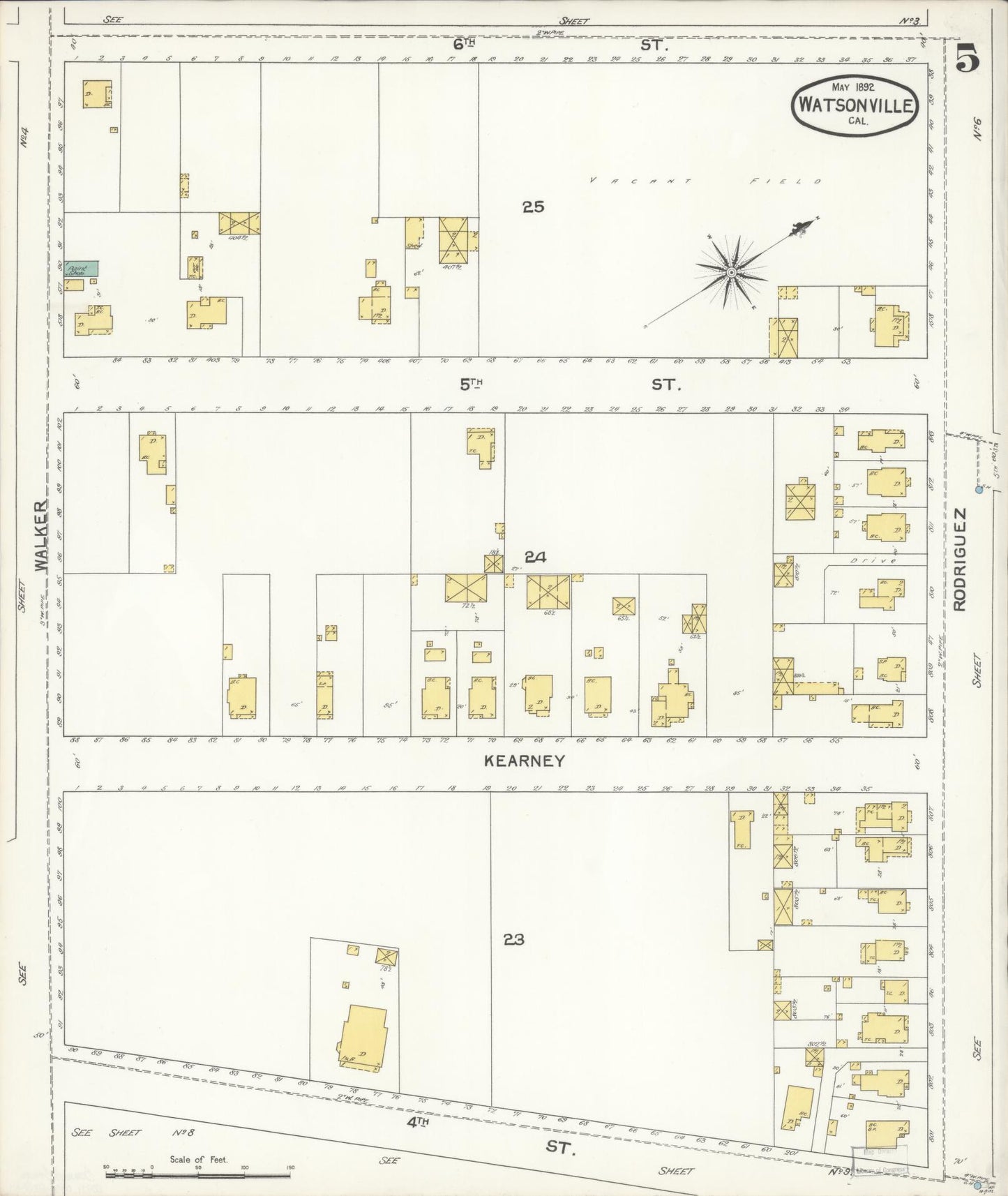 Sanborn Fire Insurance Map from Watsonville, Santa Cruz County, California (1892), Sheet #0005 - Complete Map Set gallery image, historic Sanborn map, vintage wall art, California California