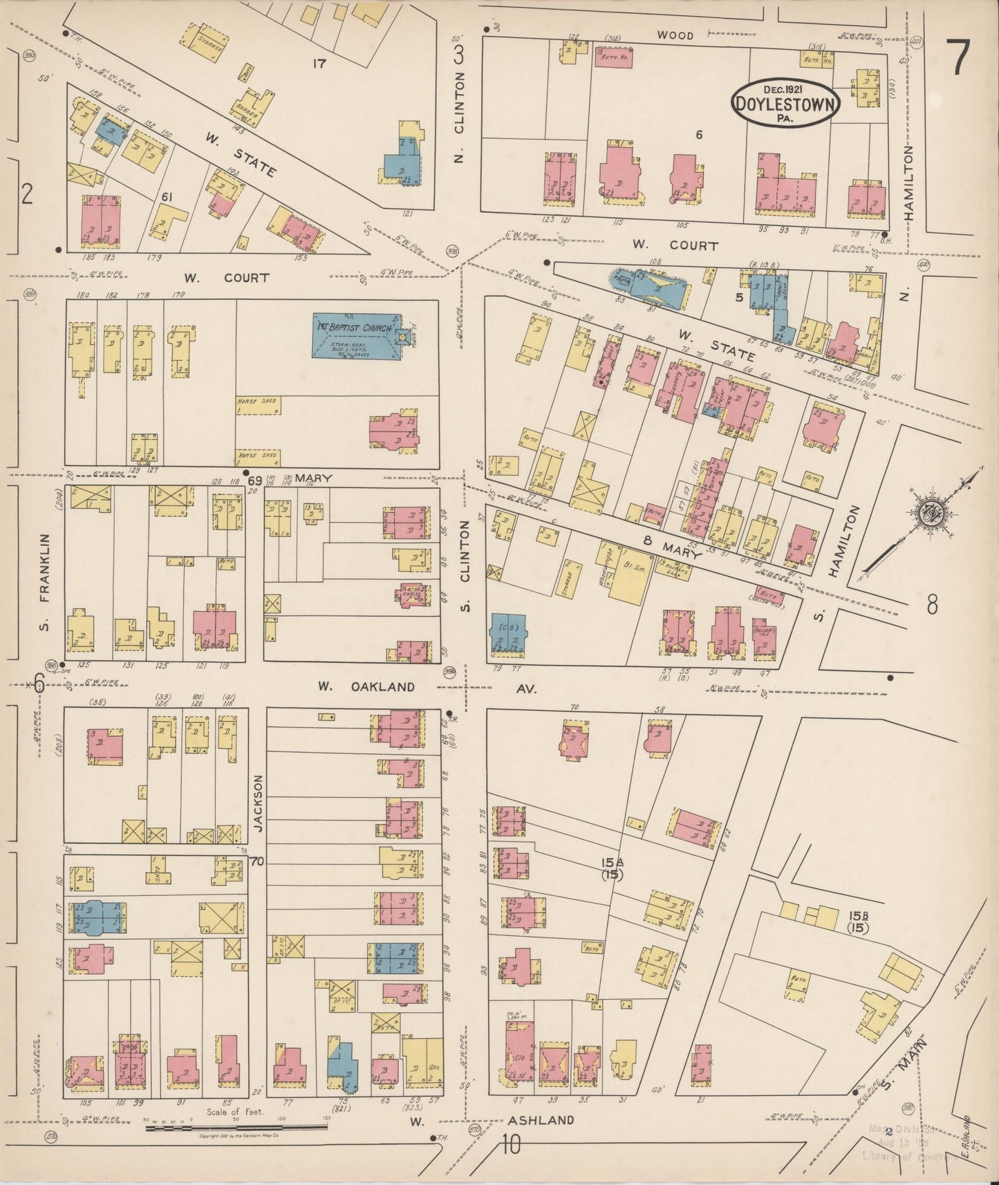 Sanborn Fire Insurance Map from Doylestown, Bucks County, Pennsylvania (1922), Sheet #0007 - Historic Sanborn Fire Insurance Map Print, vintage old map wall art, antique decor, genealogy gift, Pennsylvania Pennsylvania map