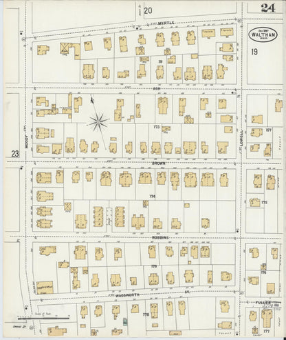 Sanborn Fire Insurance Map from Waltham, Middlesex County, Massachusetts (1897), Sheet #0024 - Historic Sanborn Fire Insurance Map Print, vintage old map wall art, antique decor, genealogy gift, Massachusetts Massachusetts map