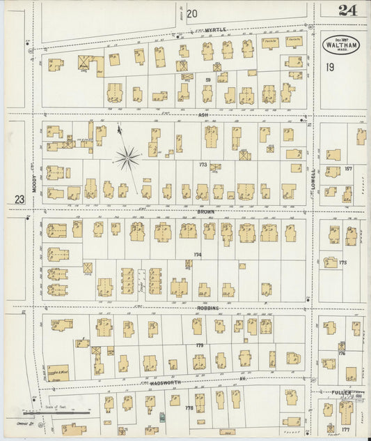 Sanborn Fire Insurance Map from Waltham, Middlesex County, Massachusetts (1897), Sheet #0024 - Historic Sanborn Fire Insurance Map Print, vintage old map wall art, antique decor, genealogy gift, Massachusetts Massachusetts map