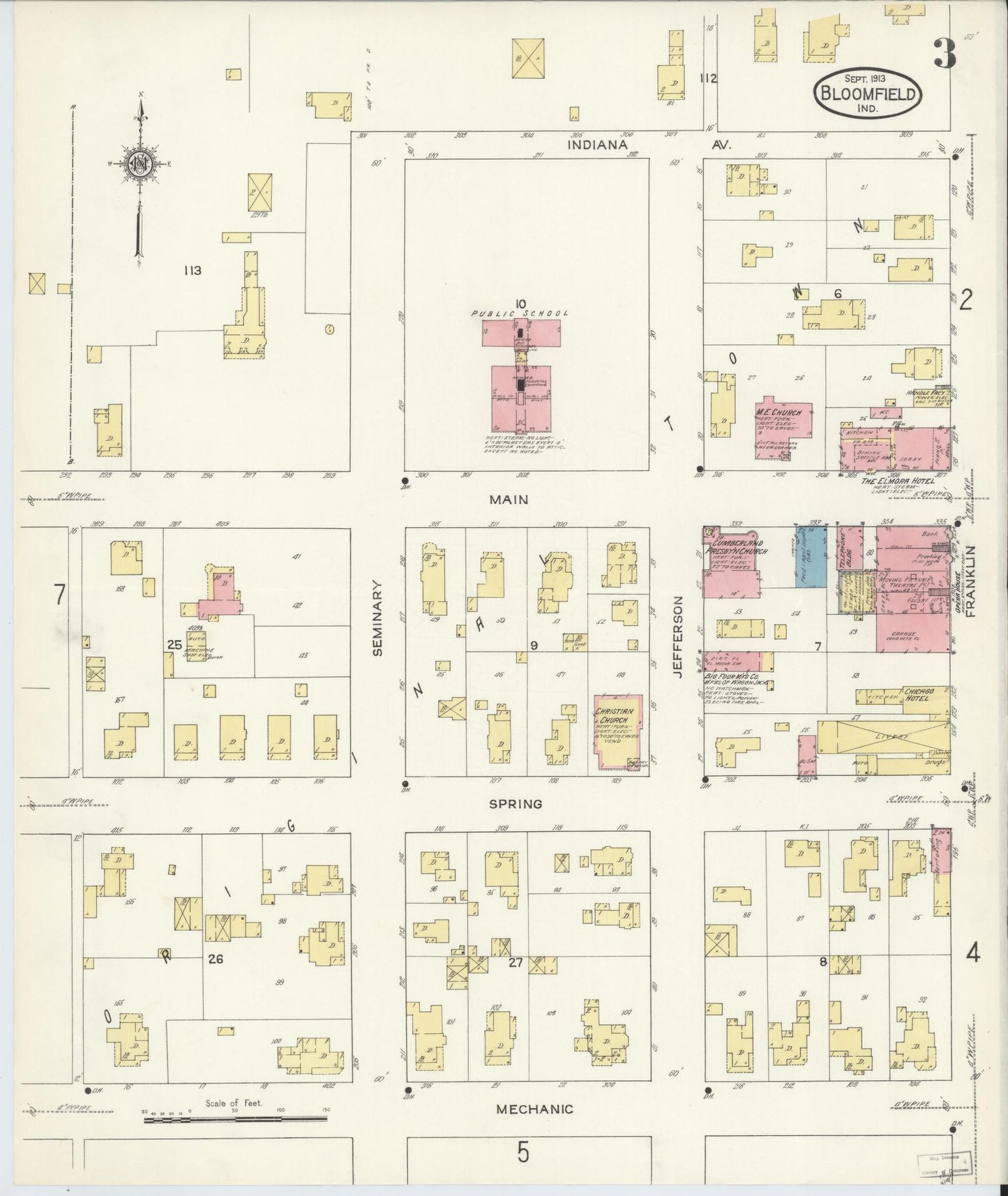 Sanborn Fire Insurance Map from Bloomfield, Greene County, Indiana (1913), Sheet #0003 - Complete Map Set gallery image, historic Sanborn map, vintage wall art, Indiana Indiana