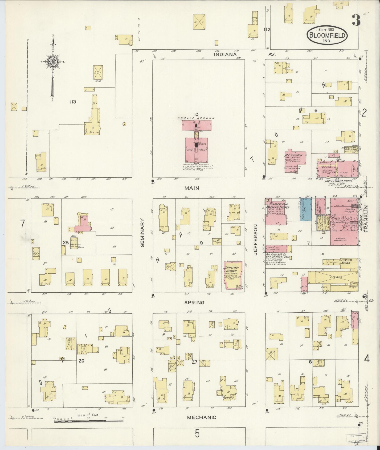 Sanborn Fire Insurance Map from Bloomfield, Greene County, Indiana (1913), Sheet #0003 - Complete Map Set gallery image, historic Sanborn map, vintage wall art, Indiana Indiana