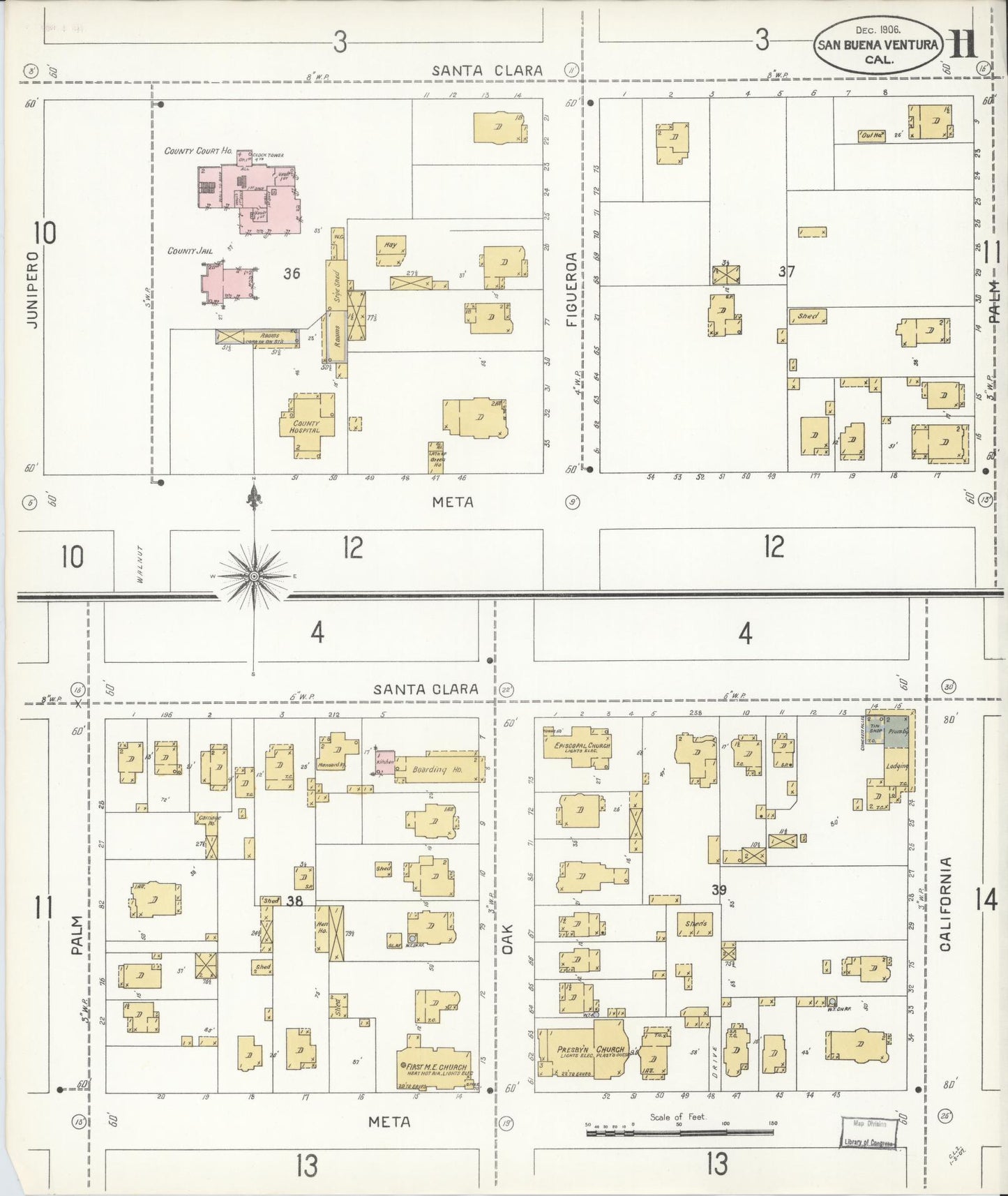 Sanborn Fire Insurance Map from San Buenaventura, Ventura County, California (1906), Sheet #0011 - Complete Map Set gallery image, historic Sanborn map, vintage wall art, California California