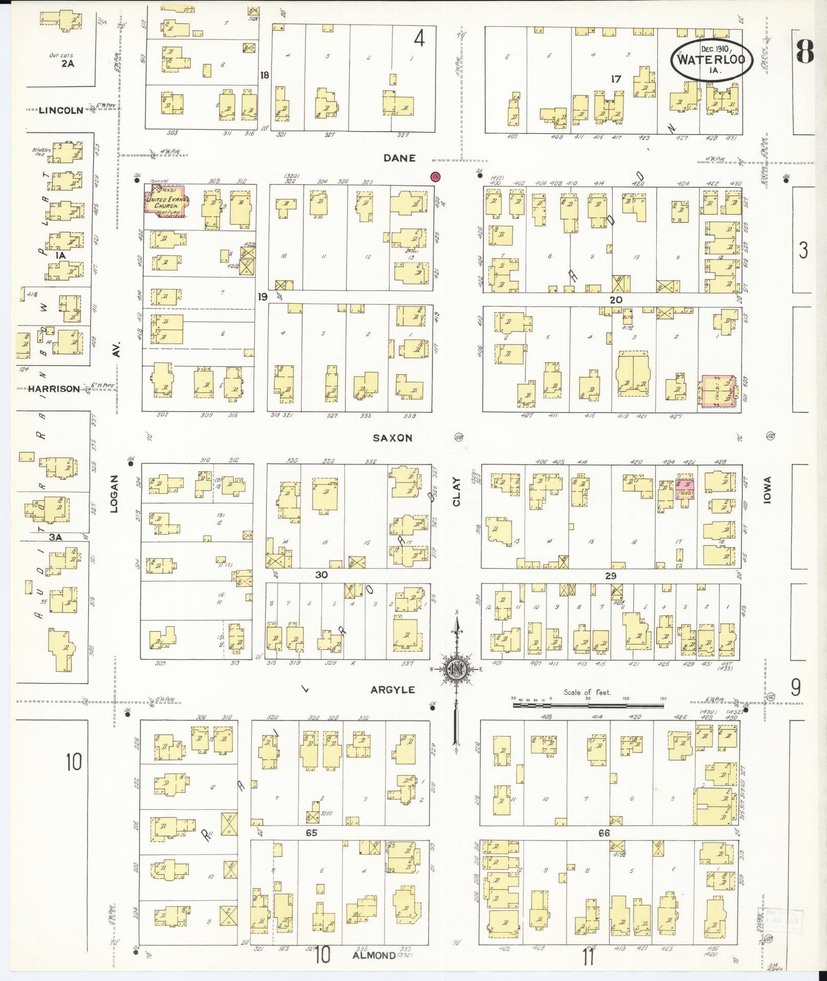 Sanborn Fire Insurance Map from Waterloo, Black Hawk County, Iowa (1910), Sheet #0008 - Historic Sanborn Fire Insurance Map Print, vintage old map wall art