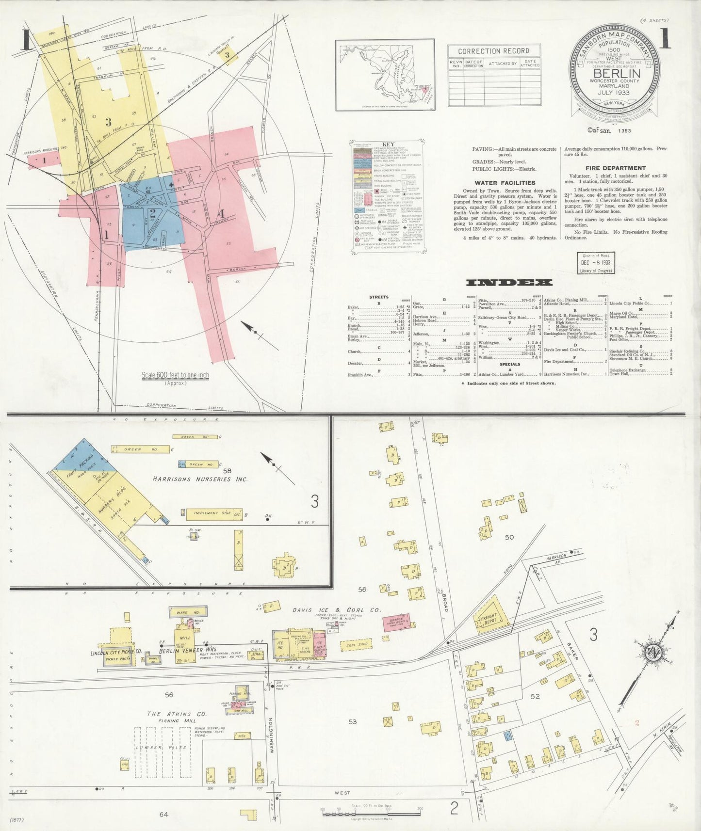 Sanborn Fire Insurance Map from Berlin, Worcester County, Maryland (1933), Sheet #0001 - Complete Map Set gallery image, historic Sanborn map, vintage wall art, Maryland Maryland