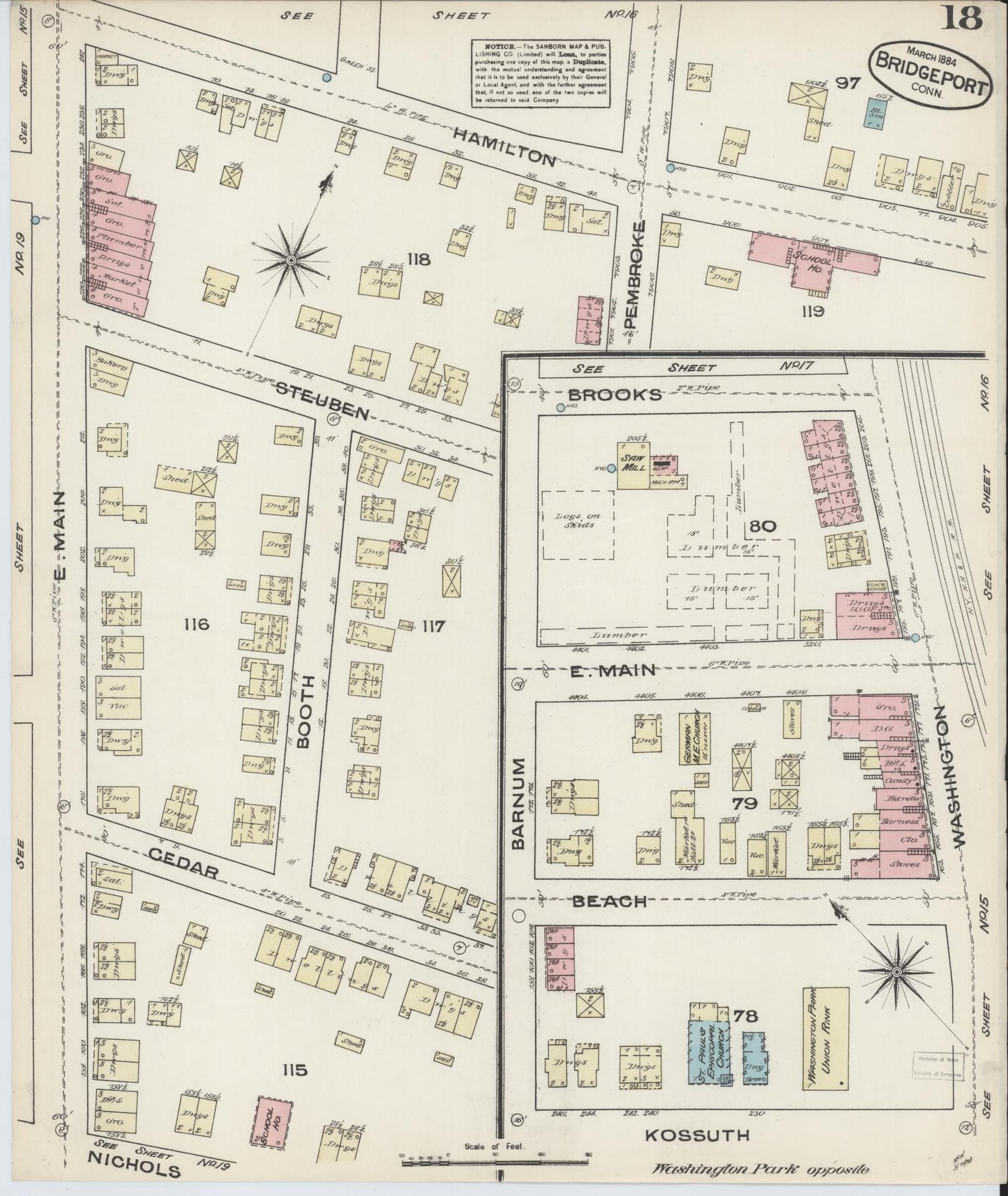 Sanborn Fire Insurance Map from Bridgeport, Fairfield County, Connecticut (1884), Sheet #0018 - Complete Map Set gallery image, historic Sanborn map, vintage wall art, Connecticut Connecticut