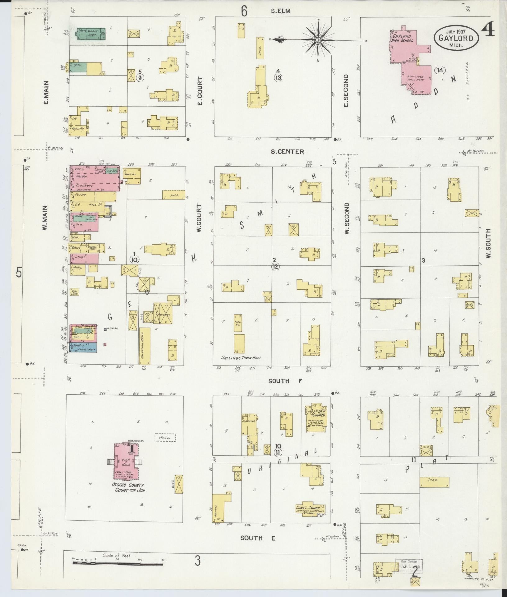 Sanborn Fire Insurance Map from Gaylord, Otsego County, Michigan (1907), Sheet #0004 - Complete Map Set gallery image, historic Sanborn map, vintage wall art, Michigan Michigan