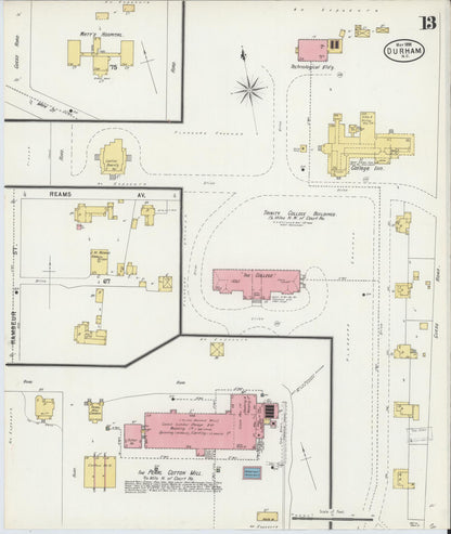 Sanborn Fire Insurance Map from Durham, Durham County, North Carolina (1898), Sheet #0013 - Historic Sanborn Fire Insurance Map Print, vintage old map wall art, antique decor, genealogy gift, North Carolina North Carolina map