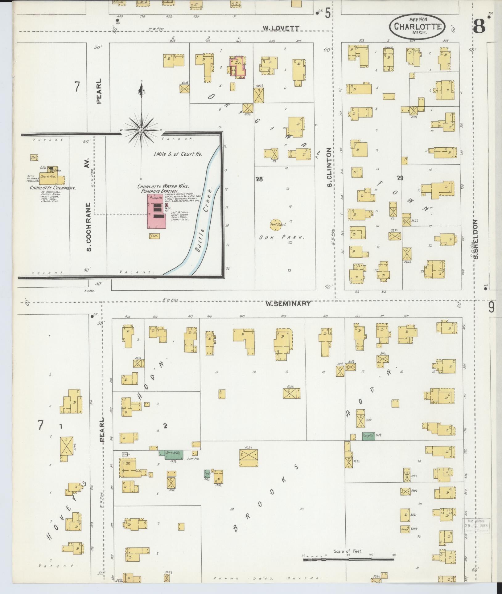 Sanborn Fire Insurance Map from Charlotte, Eaton County, Michigan (1904), Sheet #0008 - Historic Sanborn Fire Insurance Map Print, vintage old map wall art, antique decor, genealogy gift, Michigan Michigan map