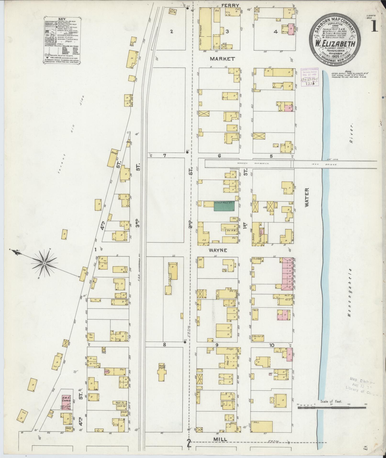 Sanborn Fire Insurance Map from West Elizabeth, Allegheny County, Pennsylvania (1905), Sheet #0001 - Complete Map Set gallery image, historic Sanborn map, vintage wall art, Pennsylvania Pennsylvania